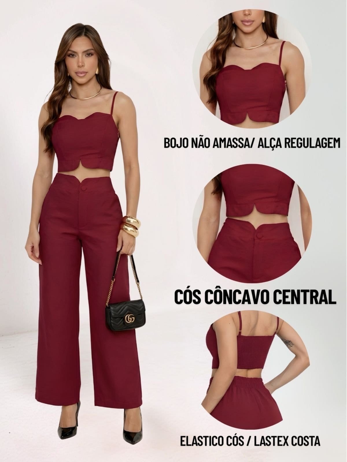 Vista 2 Conjunto Feminino Alfaiataria Divina Gata Cropped e Calça Pantalona Barolo DIVINA GATA vermelho