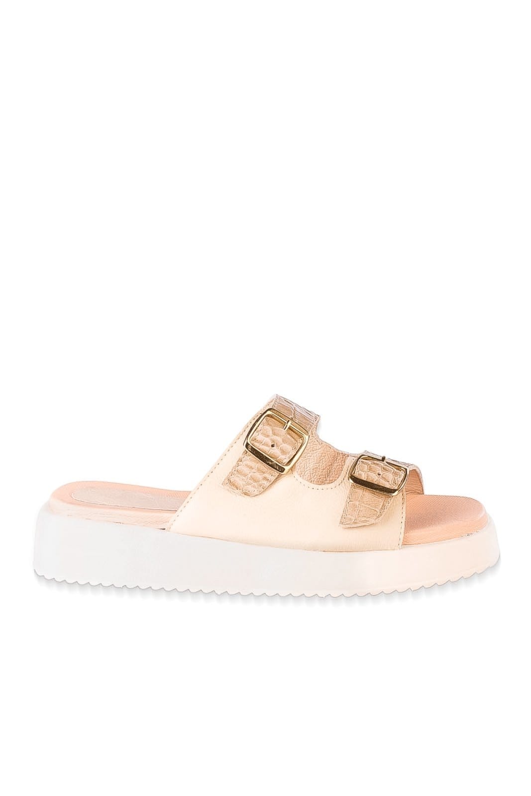 Vista 2 Papete feminina de couro fivelas com regulagem Duna - Marfim Andrea Vinci bege