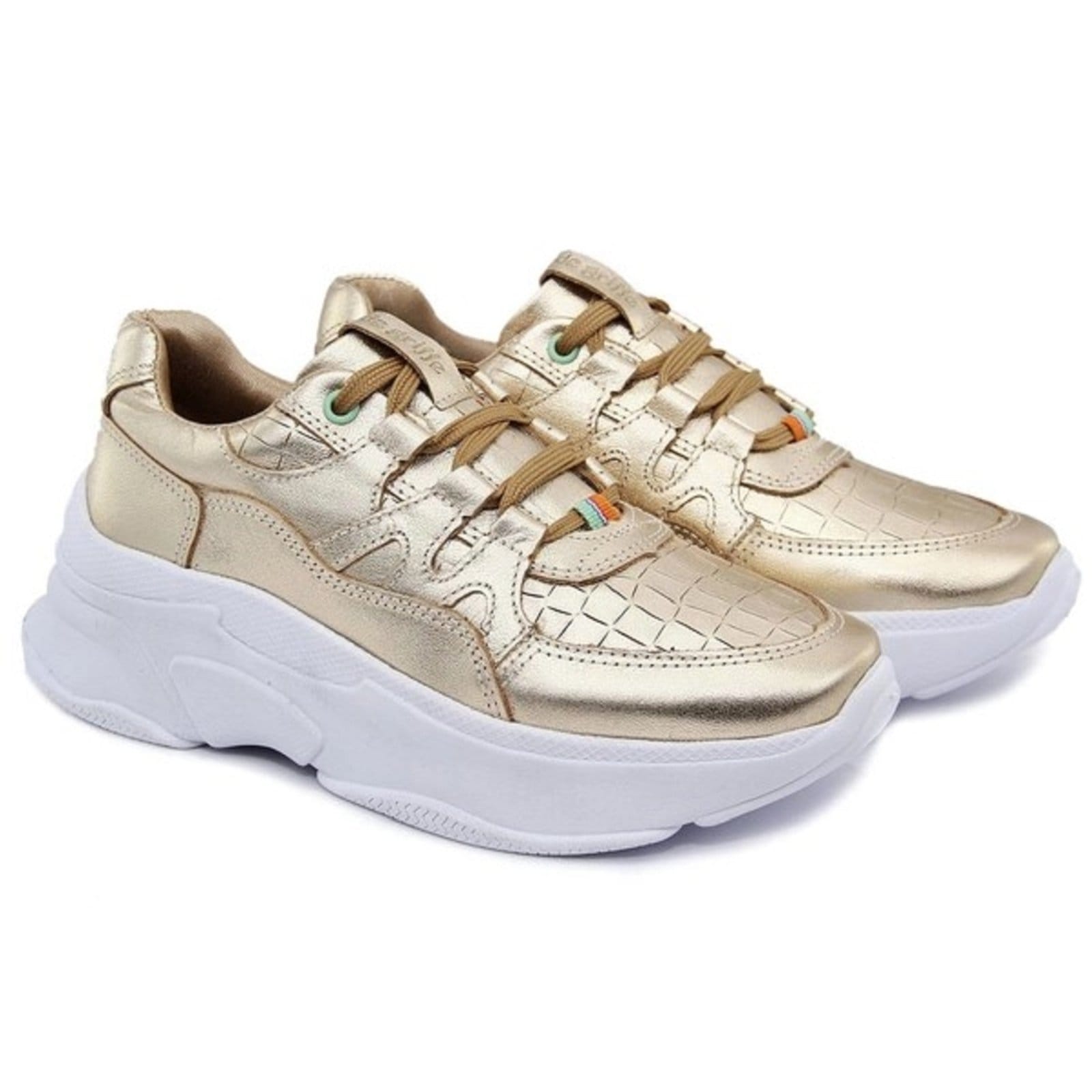 Vista 2 Tênis Chunky Metalizado Sneaker Feminino Robusto Confortável Moderno Casual FRANCA GRIFFE dourado