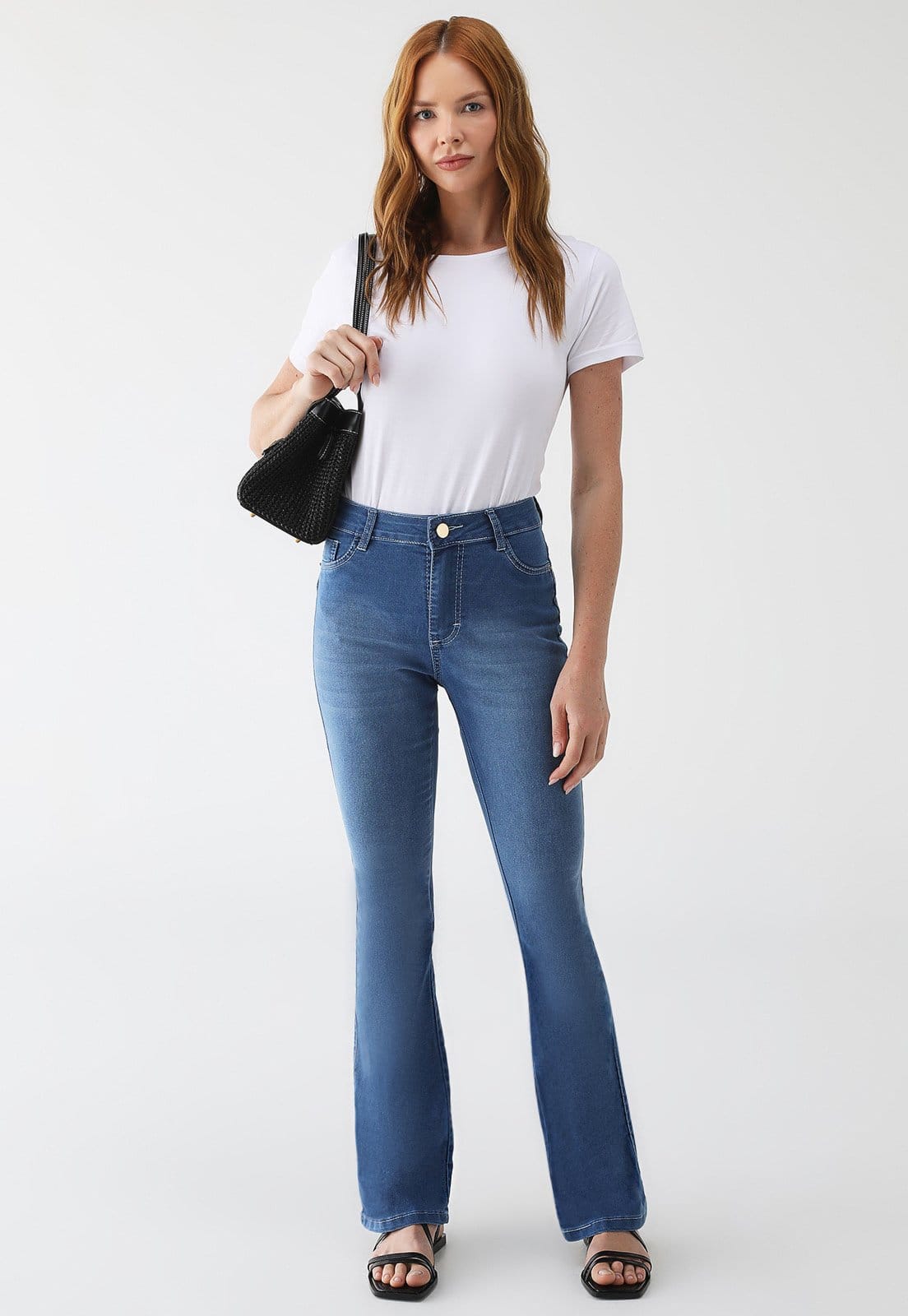 Calça Flare Feminina Tex Jeans Cintura Alta Modeladora com Elastano Escuro e Estilo Sofisticado