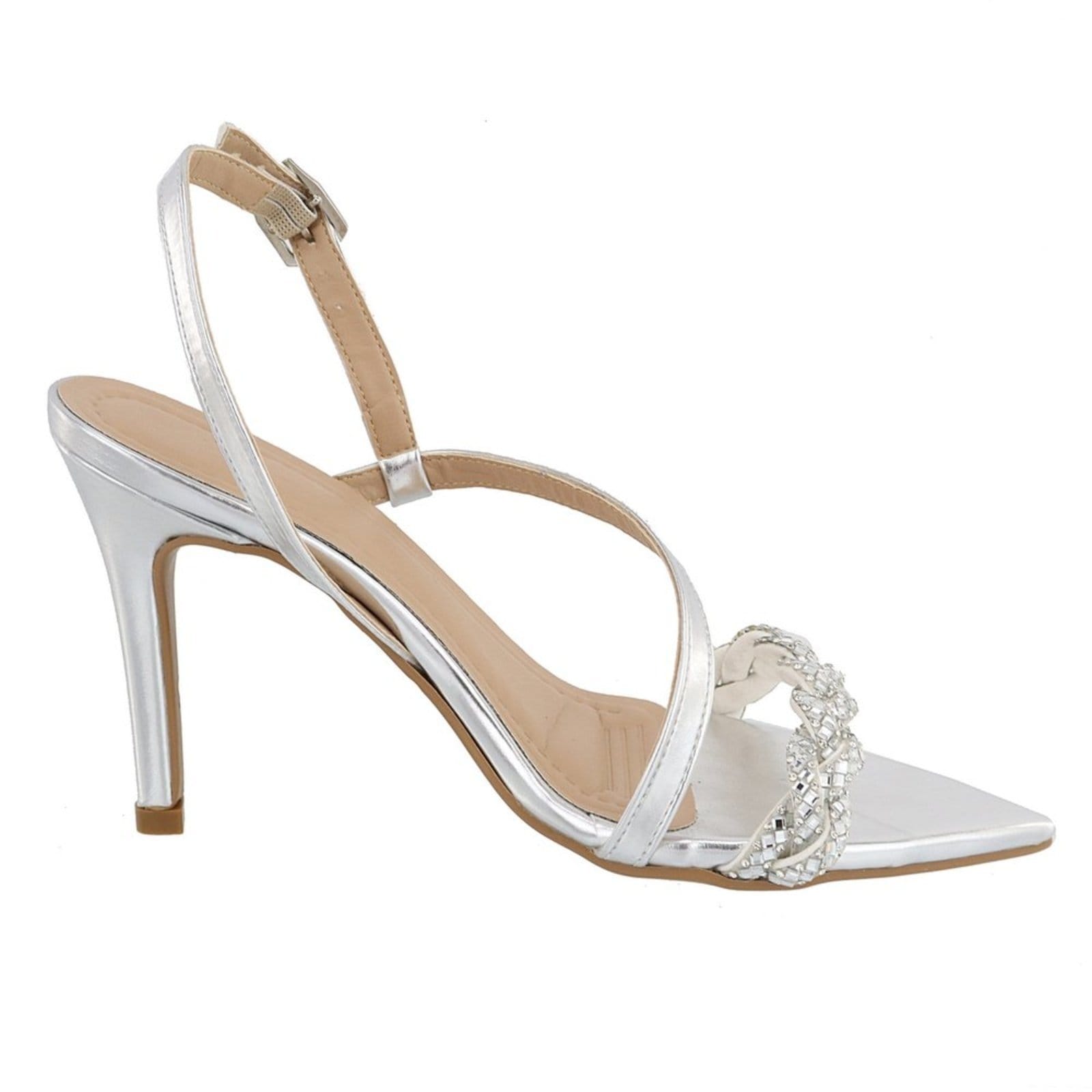 Vista 2 Sandália Feminina Bico Fino Salto Alto Fino Brilho Strass 6018 Flor da Pele prata