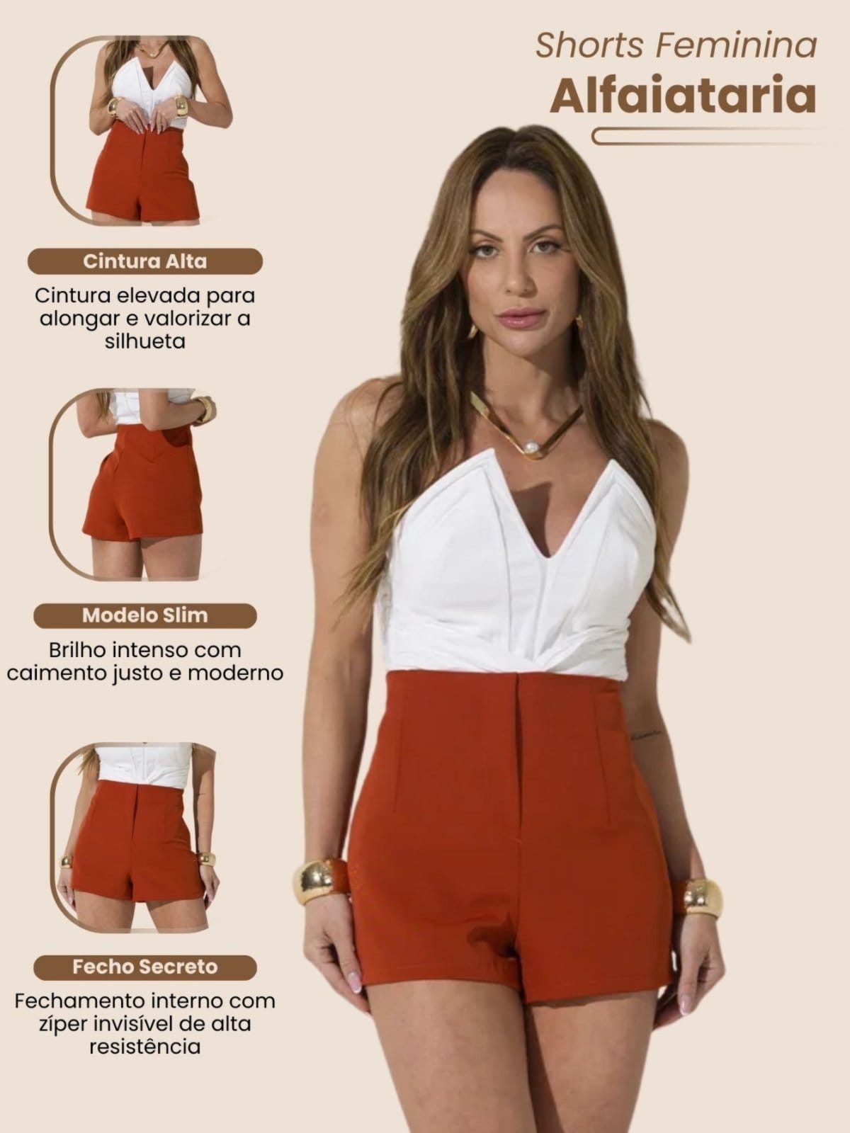 Vista 2 Shorts Feminino de Alfaitaria Social Terracota Fecho Invisível Elegante Plissado Modelagem Curta Cintura Alta Estiloso Casual Sofisticado Bolsos Frontais Fecho com Botão Minimalista Vicio Fatal bege/bronze