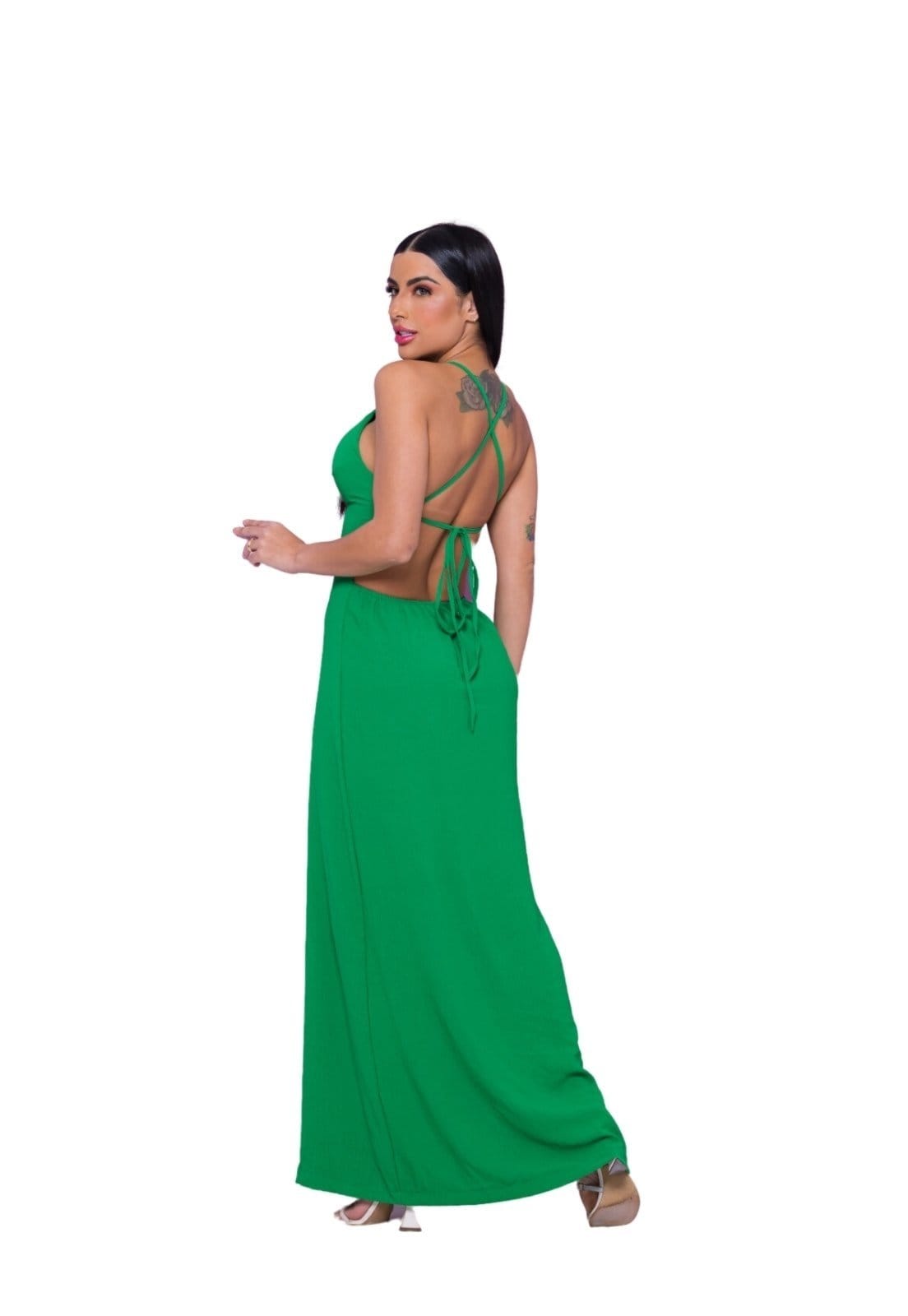 Vista 2 Vestido Longo Abertura Lateral Belice Viscolinho Cia do Vestido verde