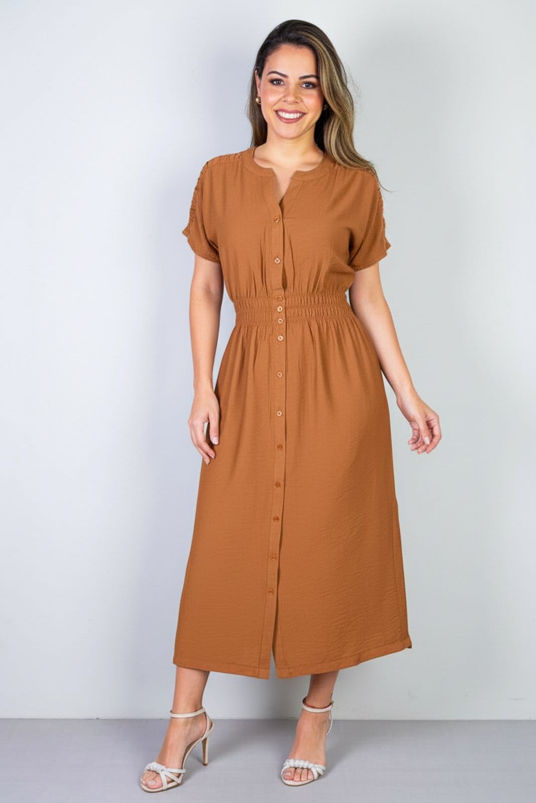 Vestido Enluaze Midi Manga Curta Botões E Elástico 51133