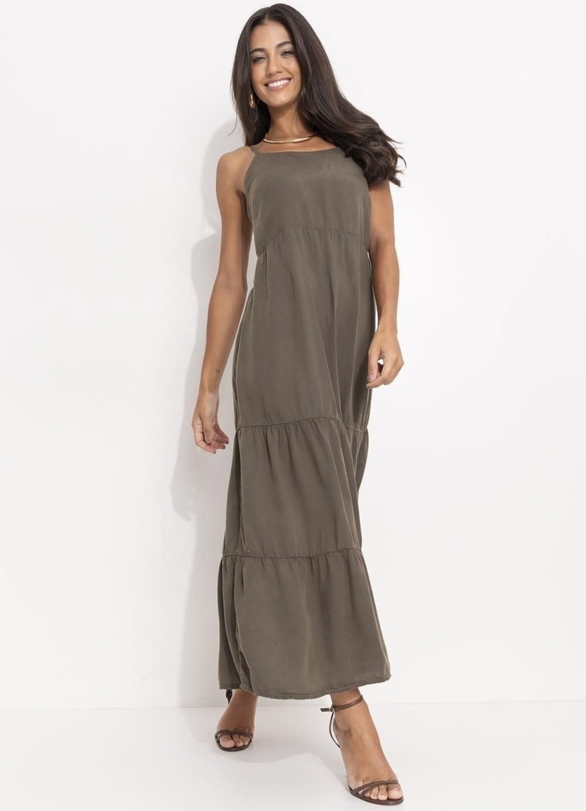 Vestido Tecido De Liocel Oliva