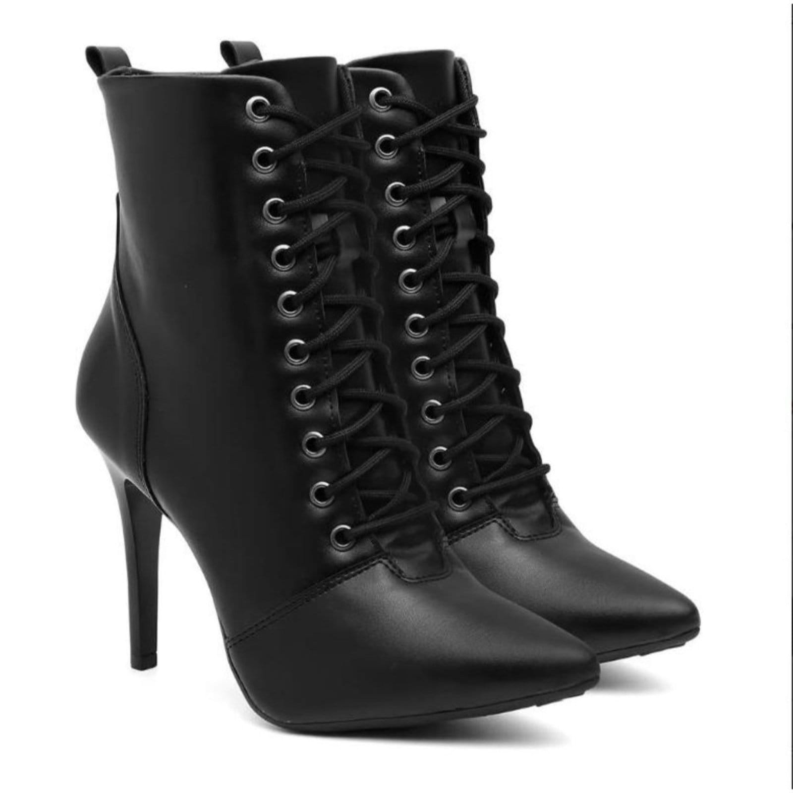 Bota Feminina Cano Médio Anna Andrade Bico Fino Salto Agulha Amarrar Casual Moda