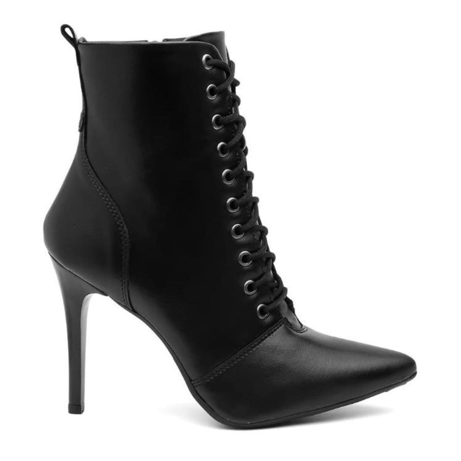 Vista 2 Bota Feminina Cano Médio Anna Andrade Bico Fino Salto Agulha Amarrar Casual Moda Anna Andrade preto