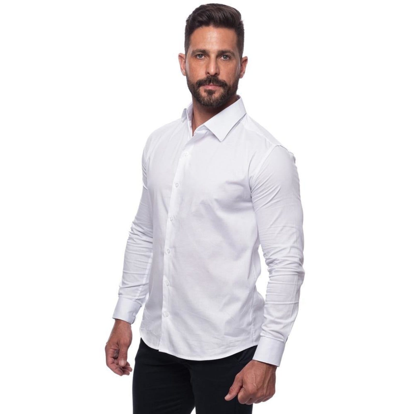 Vista principal Camisa Masculina Slim Manga Longa Lisa Acetinada Social Azul Claro G Branco TEODORO CAMISARIA branco azul