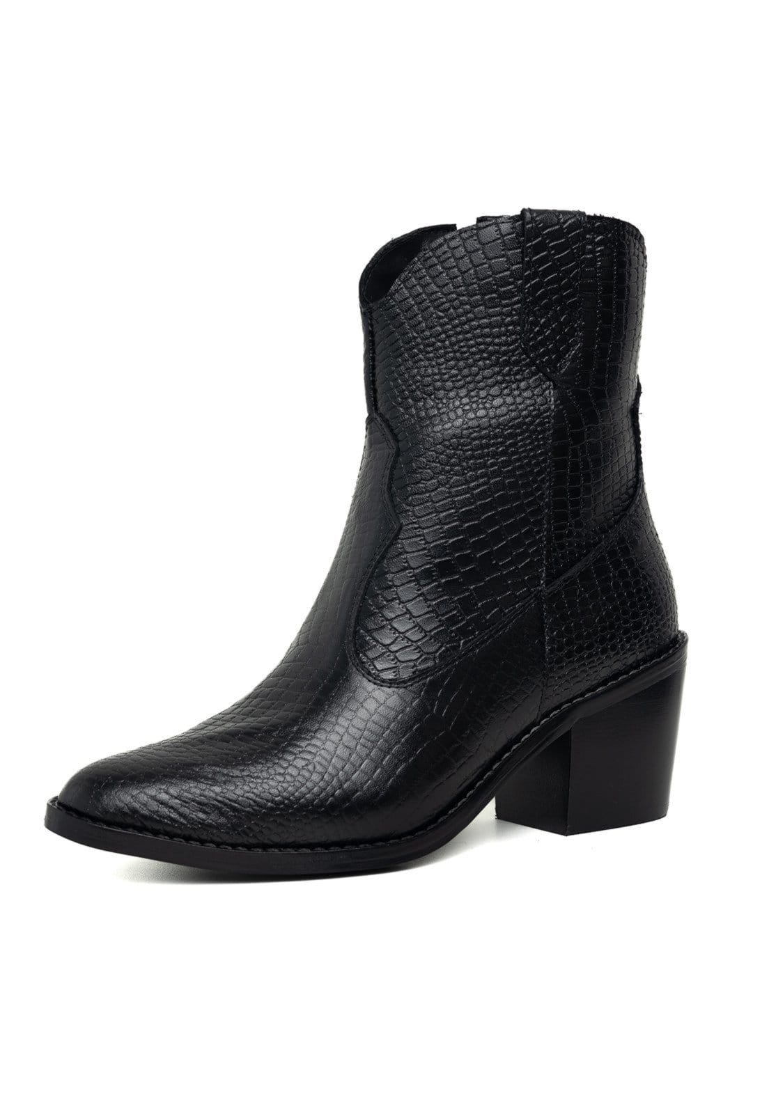 Vista principal Bota Western Texana Bico Fino Cano Curto Country Couro Croco TELLINI STORE preto