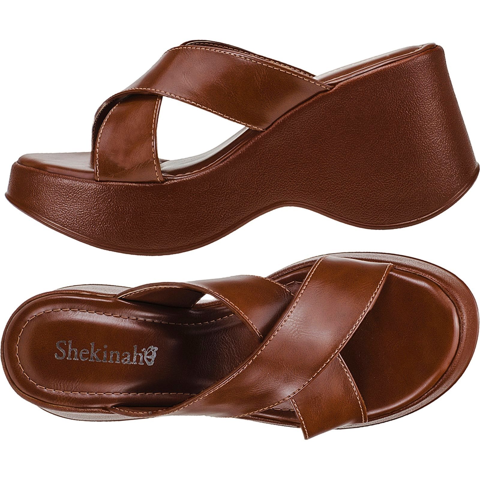 Vista principal Tamanco Feminino Sapato Plataforma Salto Anabela Sandália Chinelo Shekinah Tiras Cruzadas Conforto Shekinah caramelo