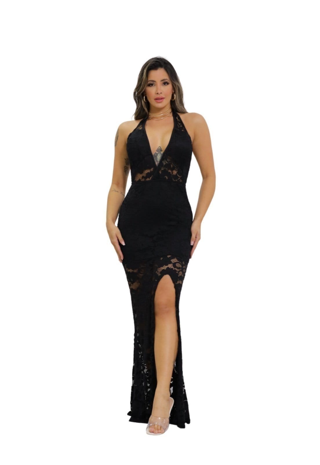 Vista principal Vestido Longo Renda Costas Nuas Bojo Feminino Premium Summer Body preto