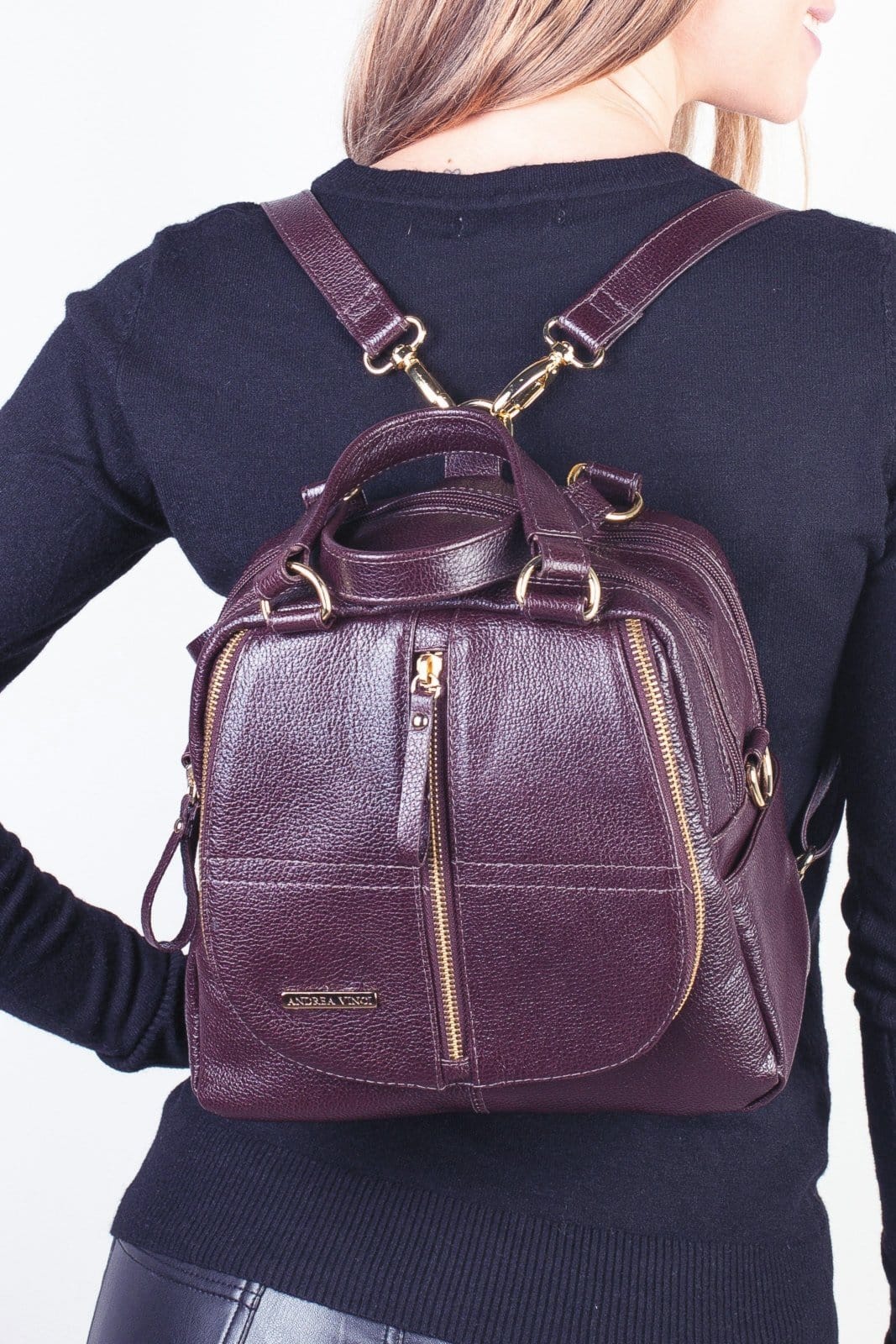 Bolsa Andrea Vinci mochila de couro liso 3 em 1 Marina - Marsala