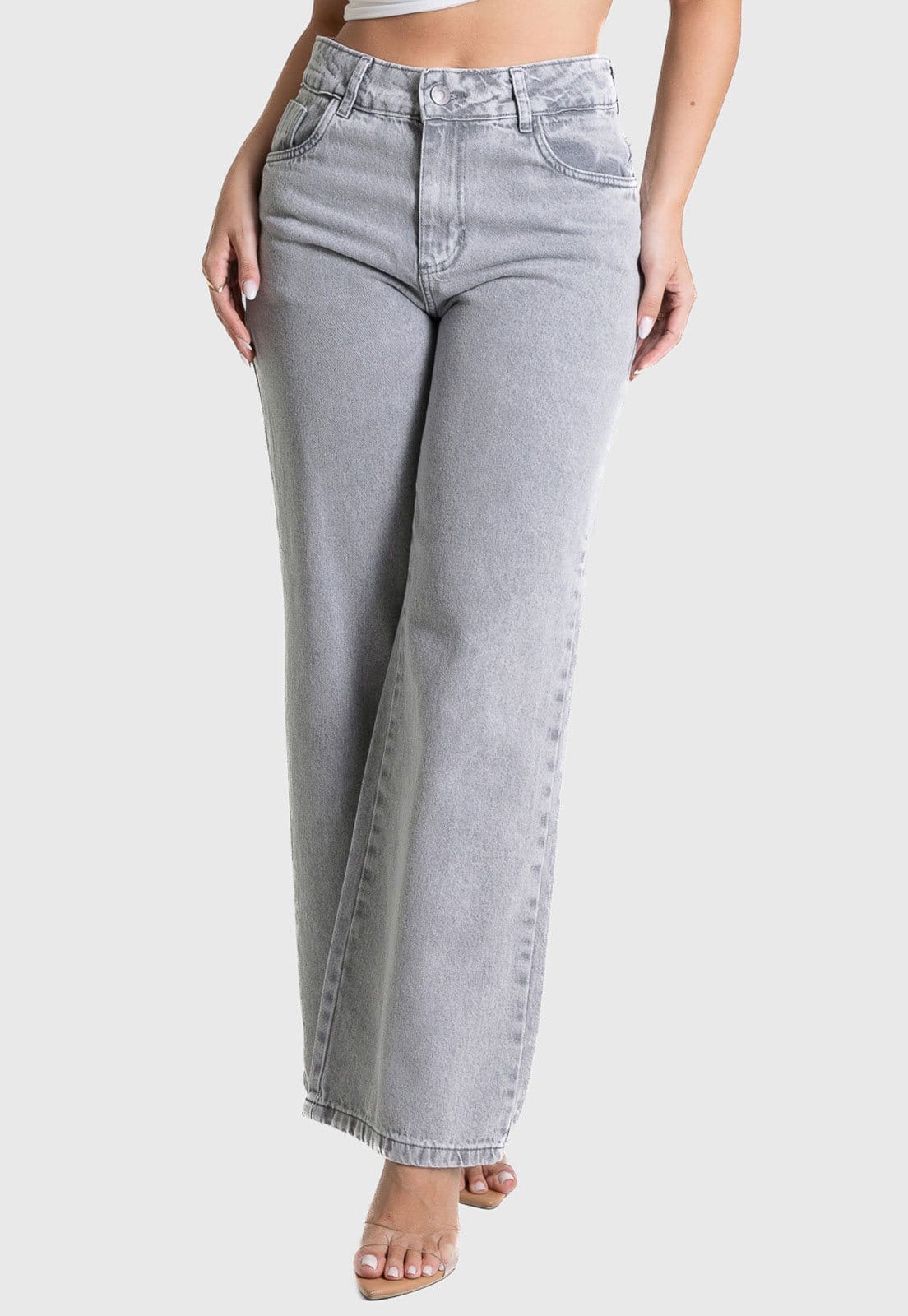 Vista principal Calça Feminina Sawary Wide Leg Cintura Alta Sawary cinza