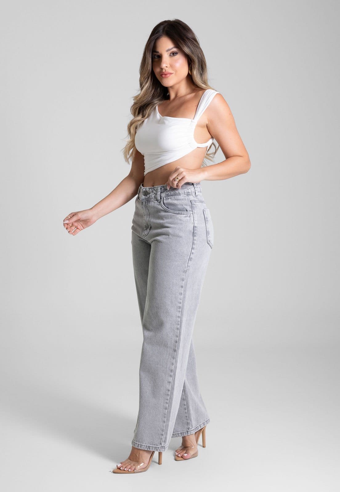 Vista 2 Calça Feminina Sawary Wide Leg Cintura Alta Sawary cinza