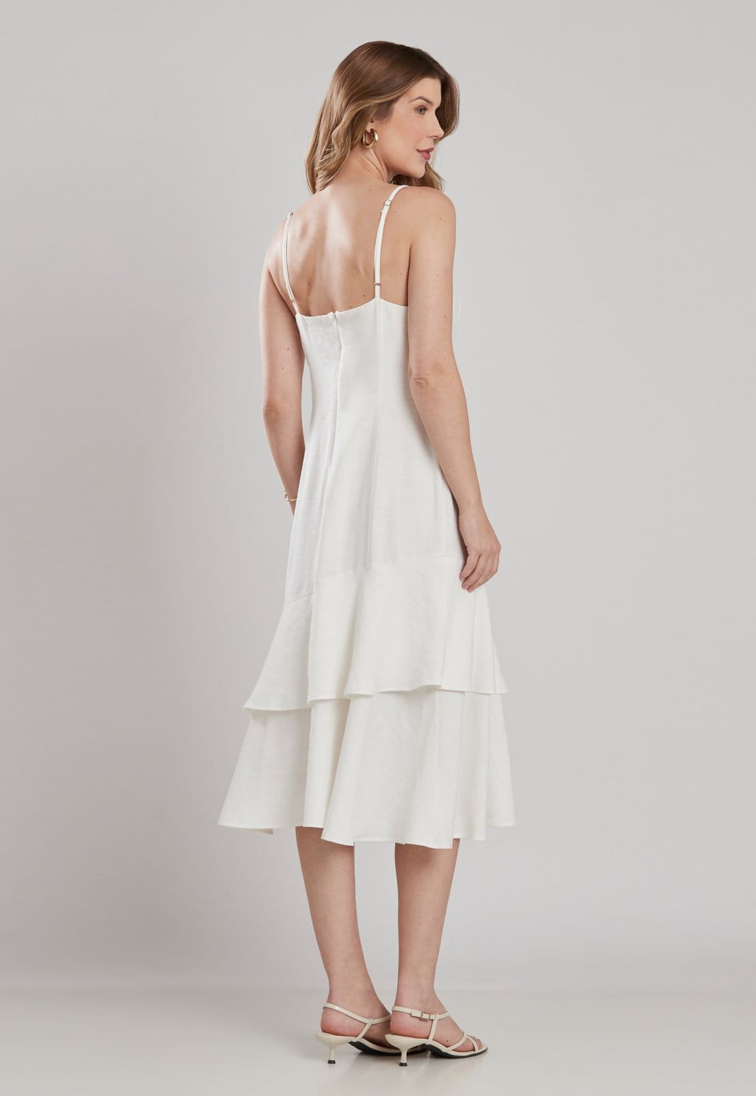 Vista 2 Vestido Midi Forrado Miss Joy 8481 Alcinha Babados Off MISS BY JOY branco/off-white