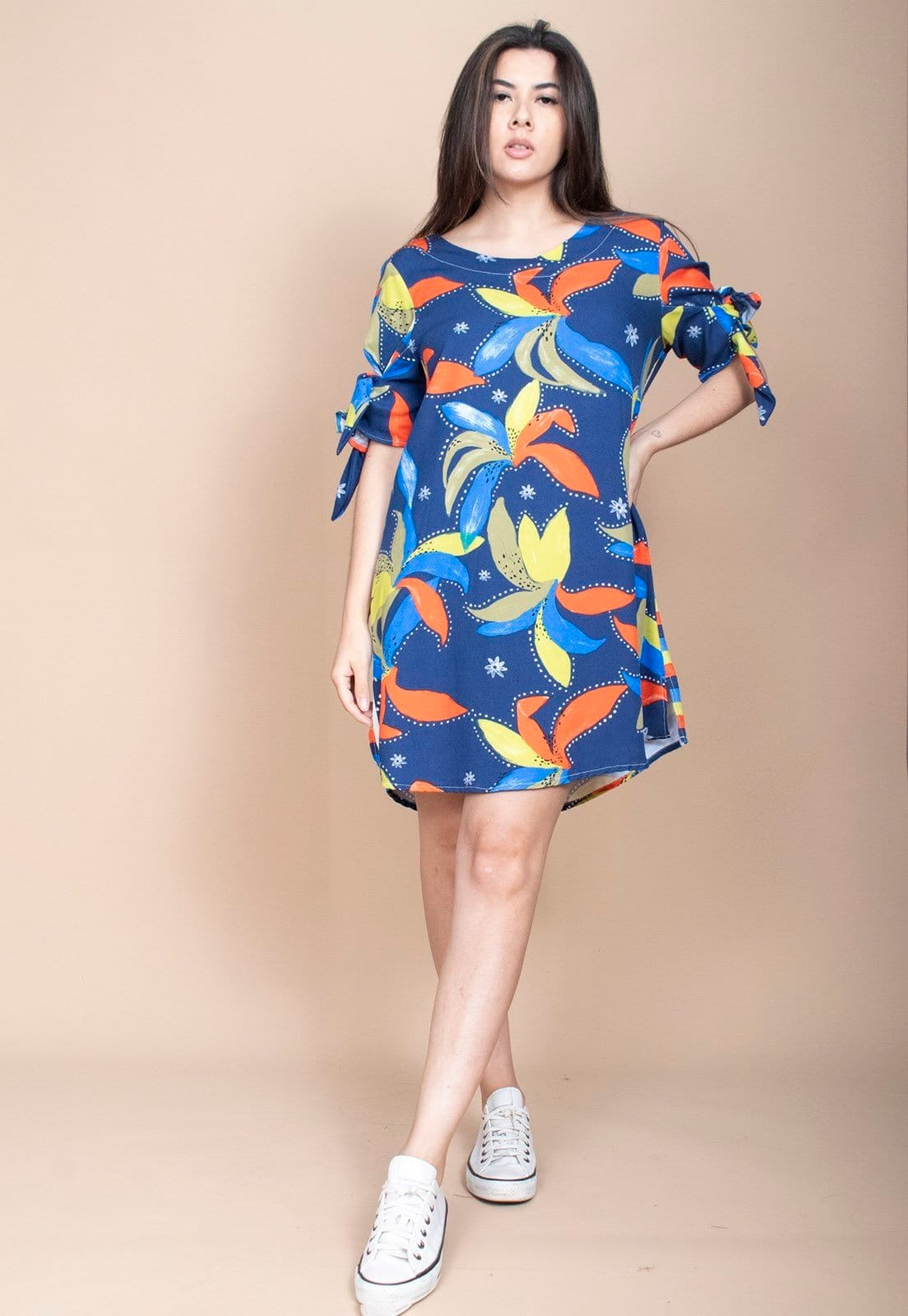 Vista 2 Vestido Curto Cabanafree Plano Estampa Maré Vibrante Cabanafree estampado/laranja/verde