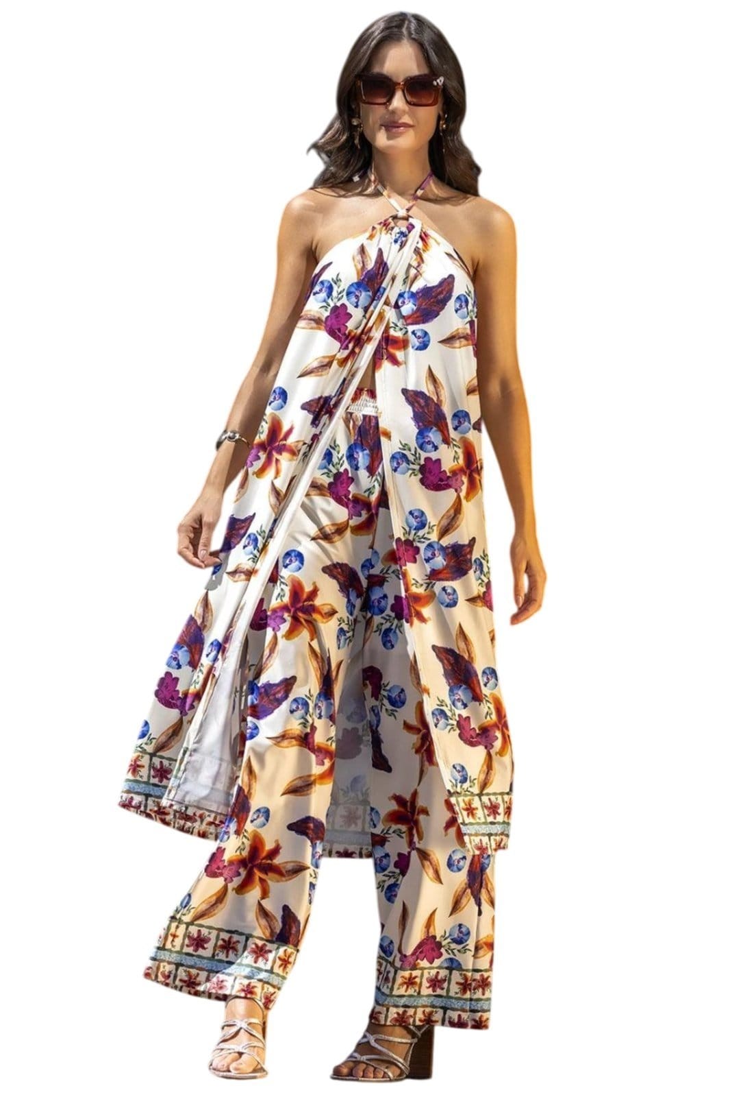 Calça Em Malha Fria Barrado Floral