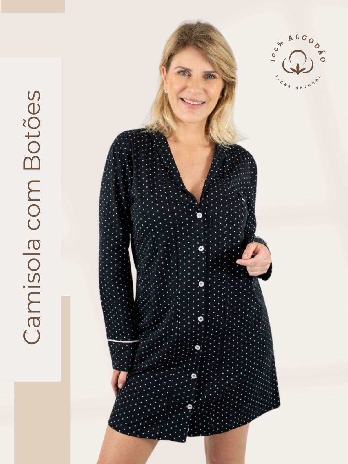 Vista principal Camisola Algodão Feminina Americana Manga Longa com Botão Botões Inverno Adulto indicado Gestante Amamentação e ós cirúgico Poá Piante preto