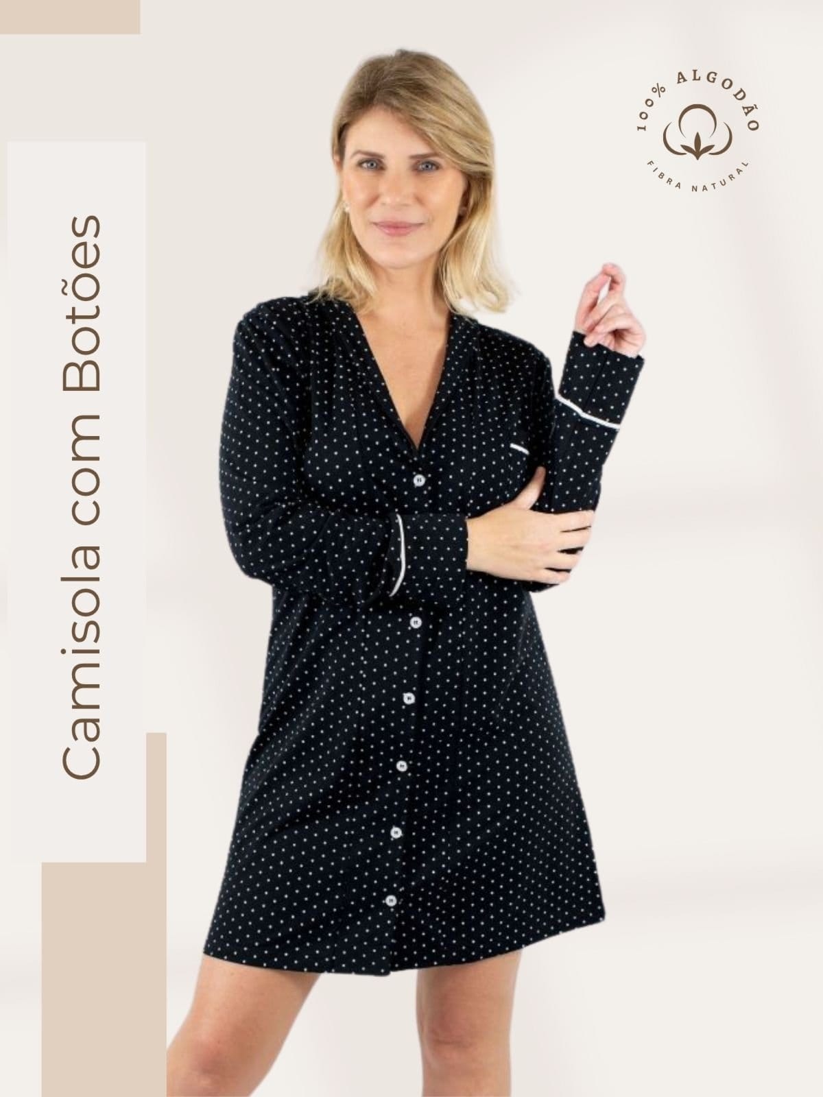 Vista 2 Camisola Algodão Feminina Americana Manga Longa com Botão Botões Inverno Adulto indicado Gestante Amamentação e ós cirúgico Poá Piante preto