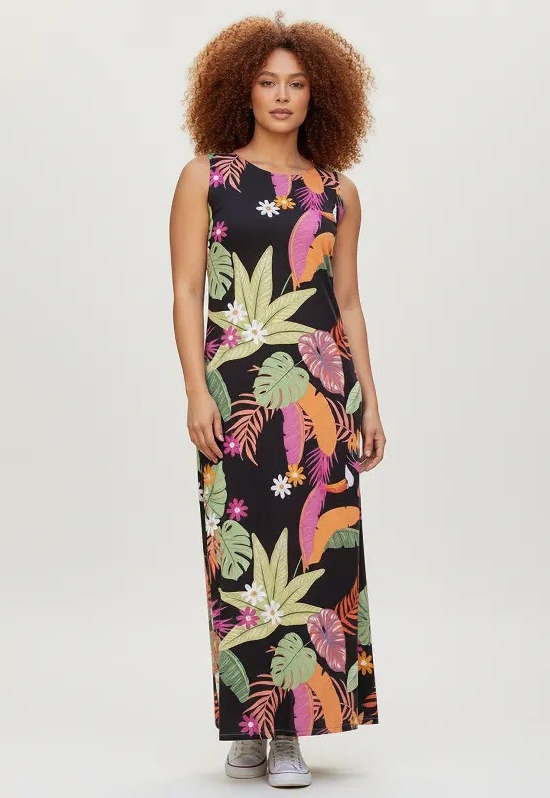 Vista 2 Vestido CabanaFree Longo Plano com Bolso Estampa Noite Botânica Cabanafree estampado