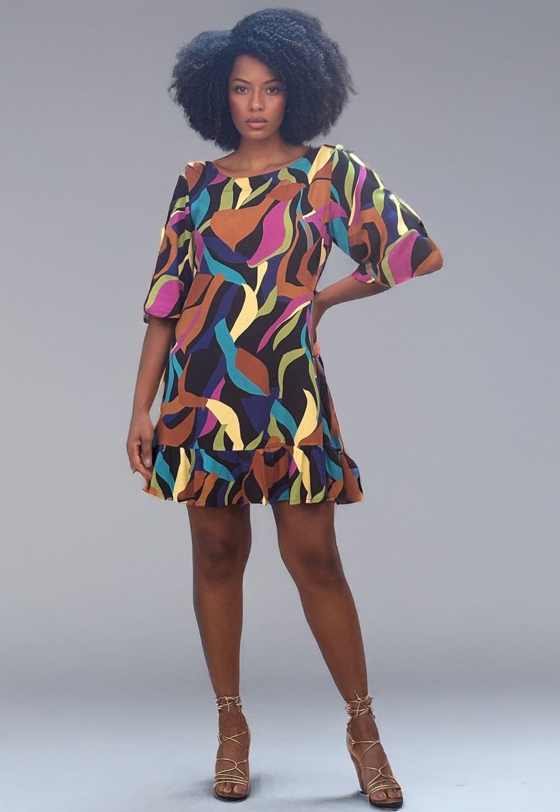 Vista 2 Vestido Amazonia Vital Curto Viscose Estampa Aurora Urbana Amazonia Vital amarelo/estampado/laranja/preto/rosa