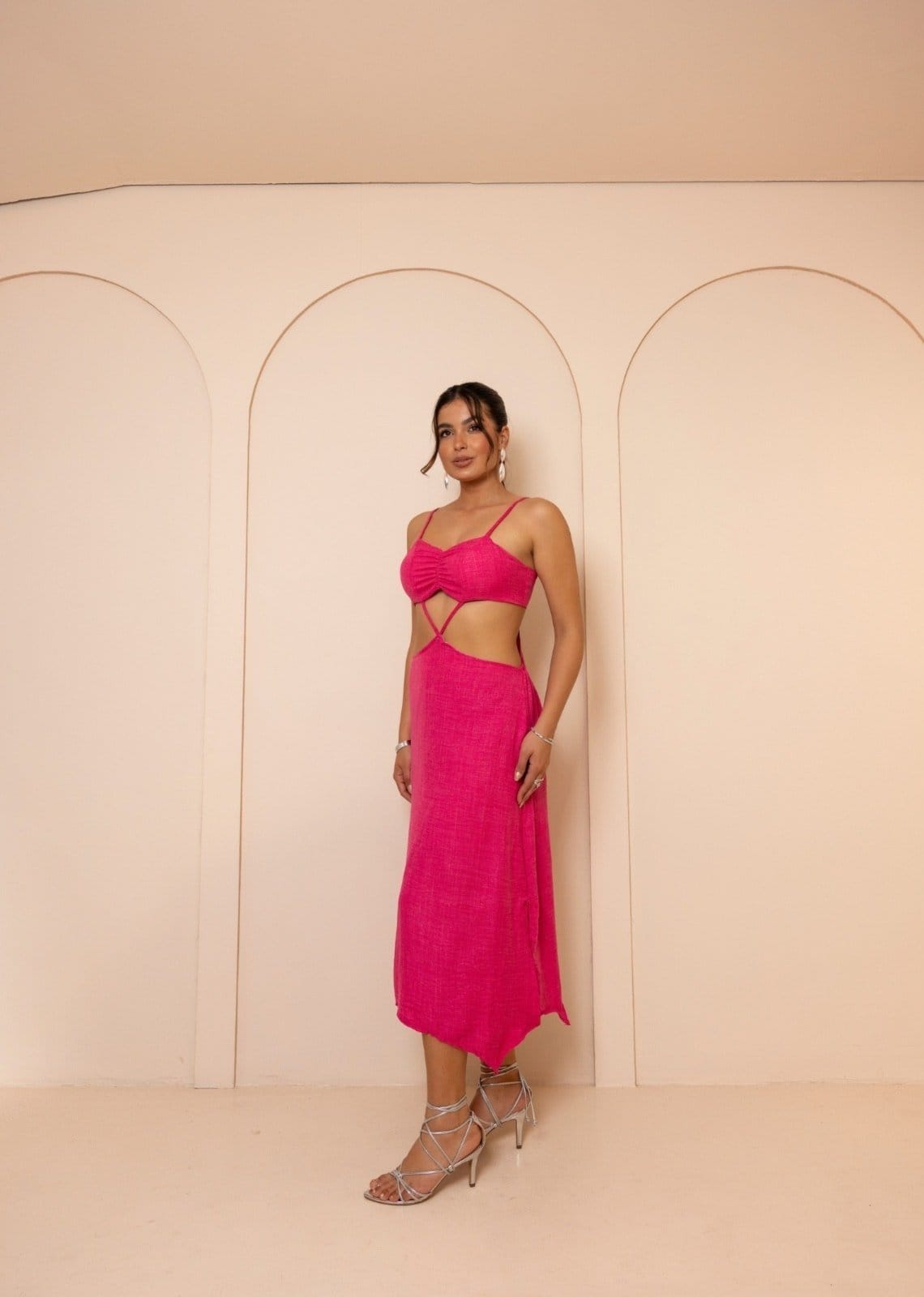 Vista 2 Vestido Abertura Laço Amanda Cia do Vestido pink