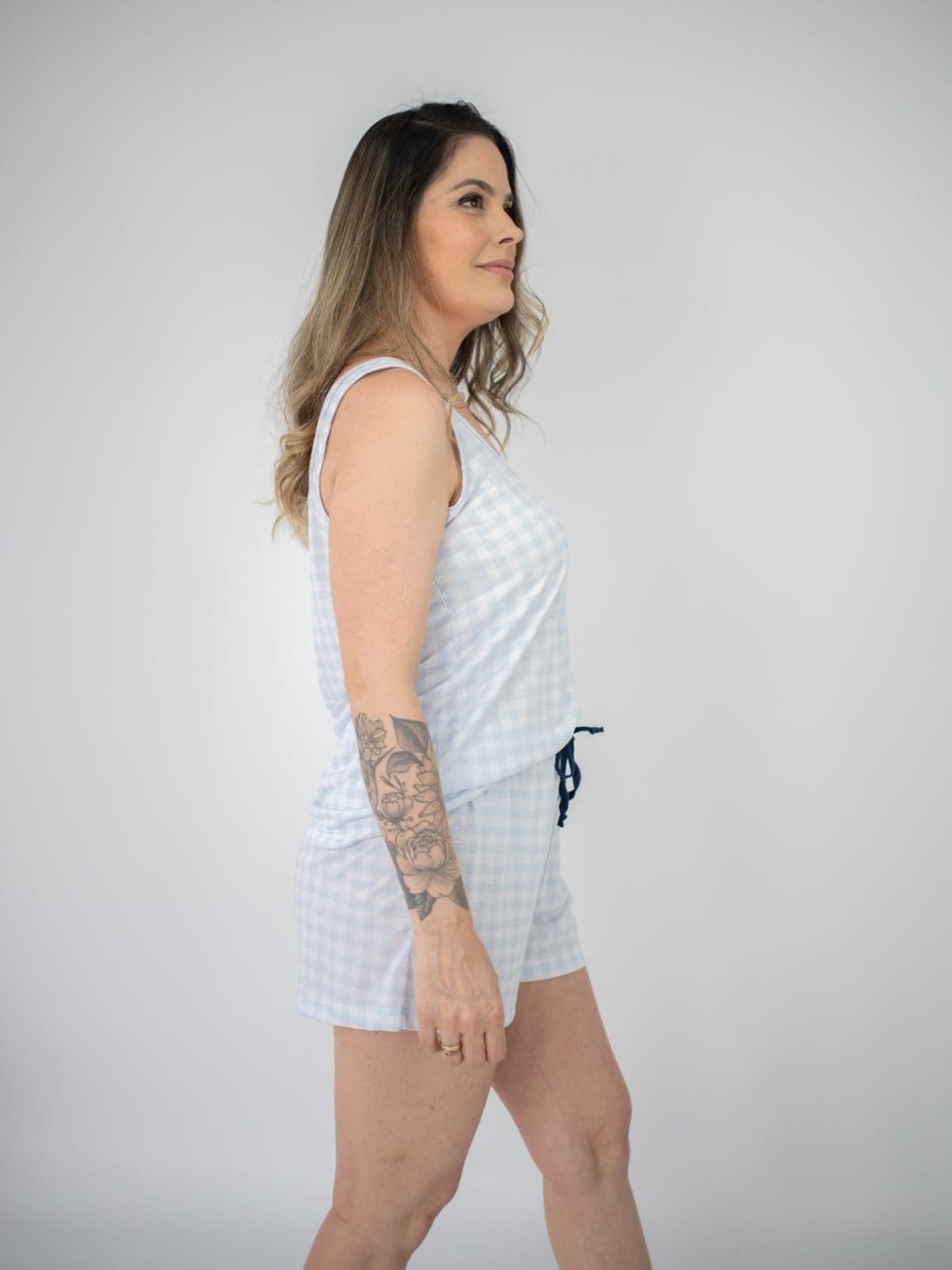 Vista 2 Pijama Feminino Regata Poliviscose Bruna- Xadrez Piante azul/branco azul