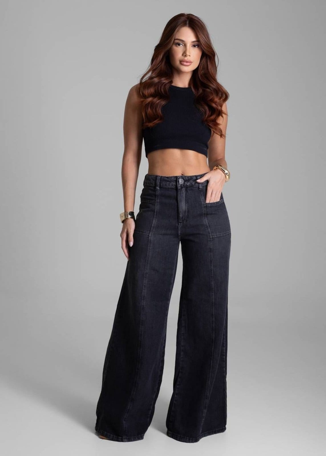Vista 2 Calça Jeans Sawary Super Wide Leg - 282105 Sawary preto