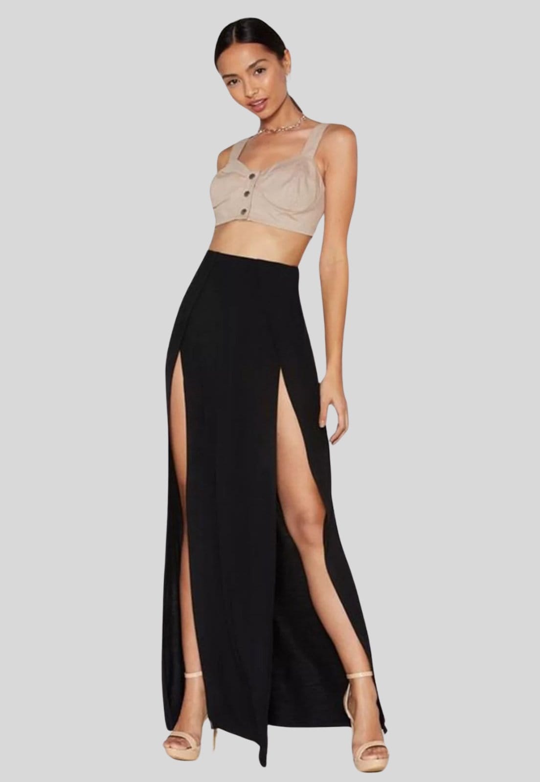 Saia Longa Feminina Fenda Cintura Alta Aberta na Perna Preta