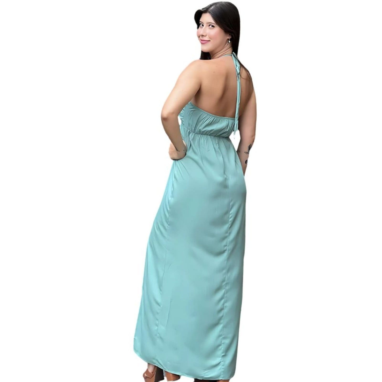 Vista 2 Vestido Franzido Sawary Fashion Estelar Sawary Fashion verde