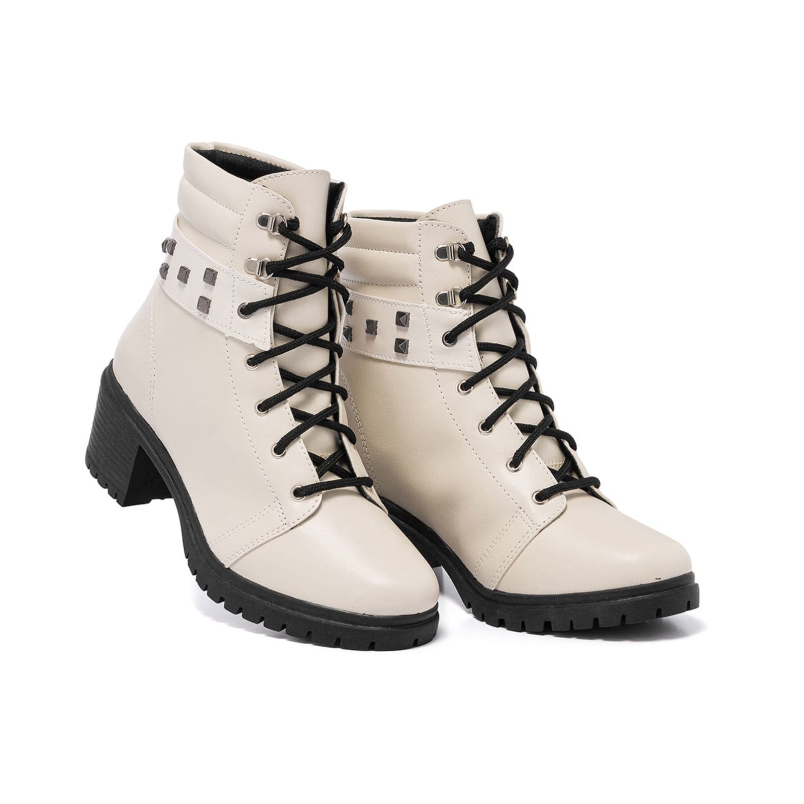 Vista 2 Bota Coturno Feminina Cano Baixo Tratorada Preto Confortável - Pirâmide Stessy Shoes off-white