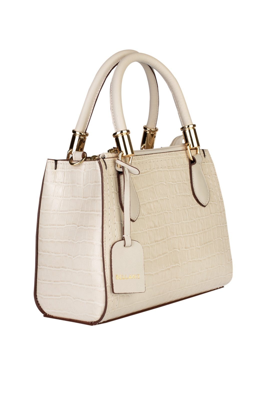 Vista 2 Bolsa Bellaniz Baú De Couro Croco Andressa - Marfim Bellaniz caramelo