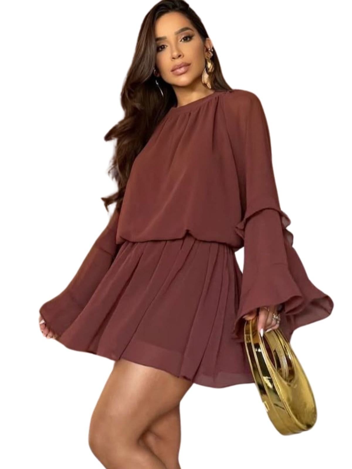 Vista principal Vestido Summer body Macaquinho Feminino Manga Longa Flare Soltinho Summer Body marrom