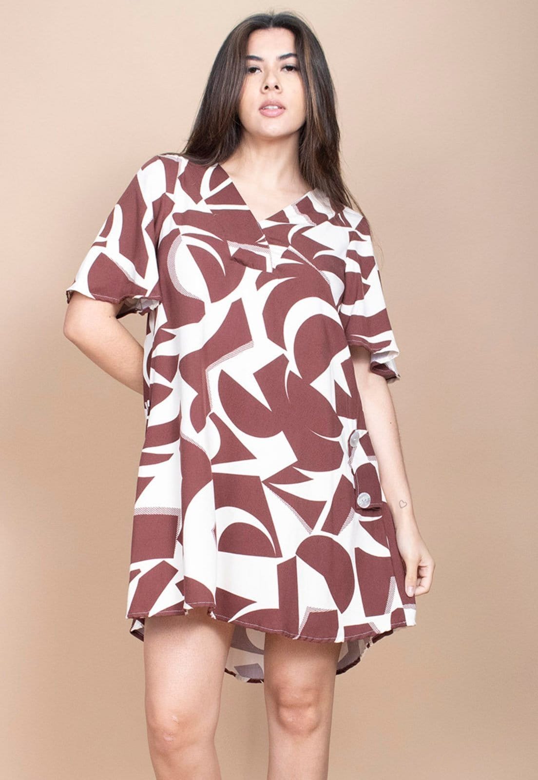 Vista 2 Vestido Curto Cabanafree Pataxô Viscose Mullet Decote V Raízes Marrom Cabanafree estampado/off-white