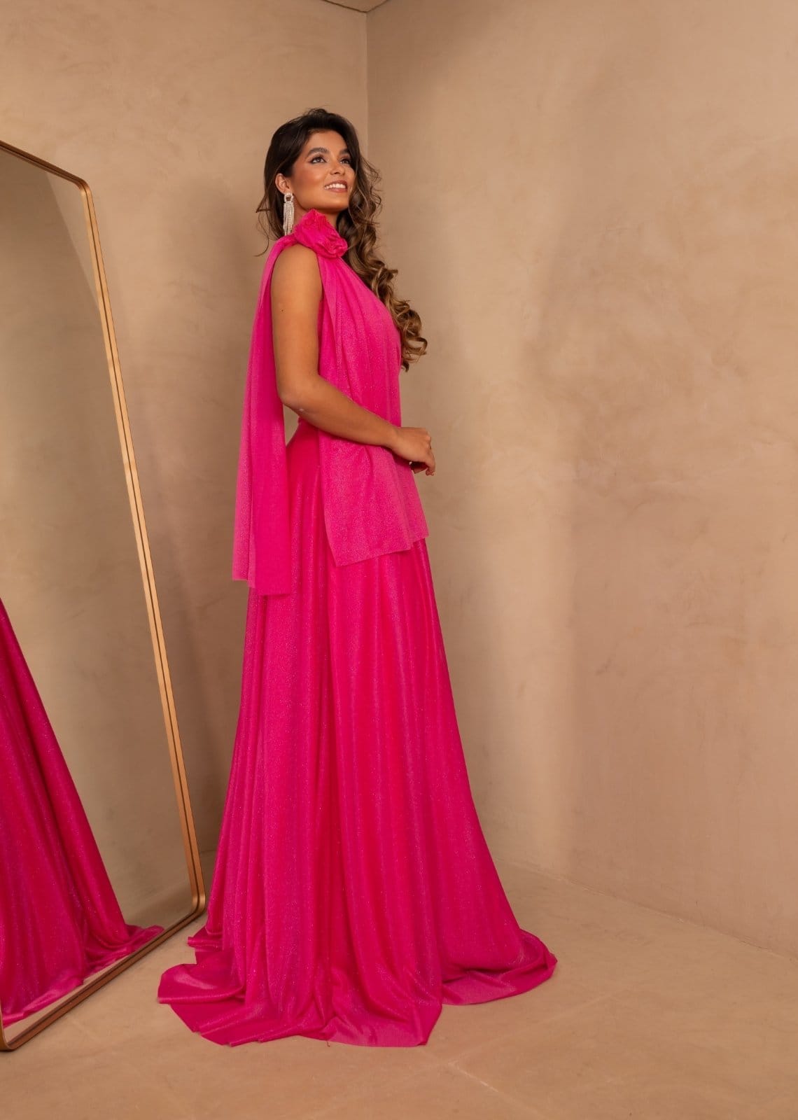 Vestido Longo de Festa um Ombro com Brilho Detalhe Lateral Umbertha Cia Do Vestido Rosa Pink - 2