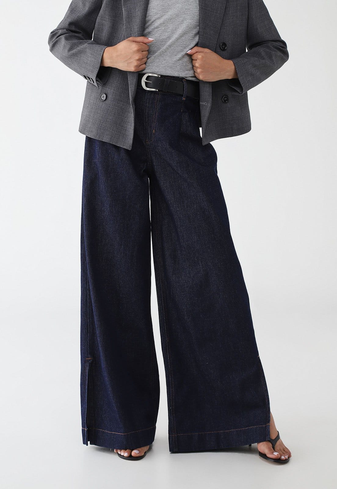 Vista 2 Calça Jeans Feminina Colcci Wide Leg Fenda Barra Escura Colcci azul