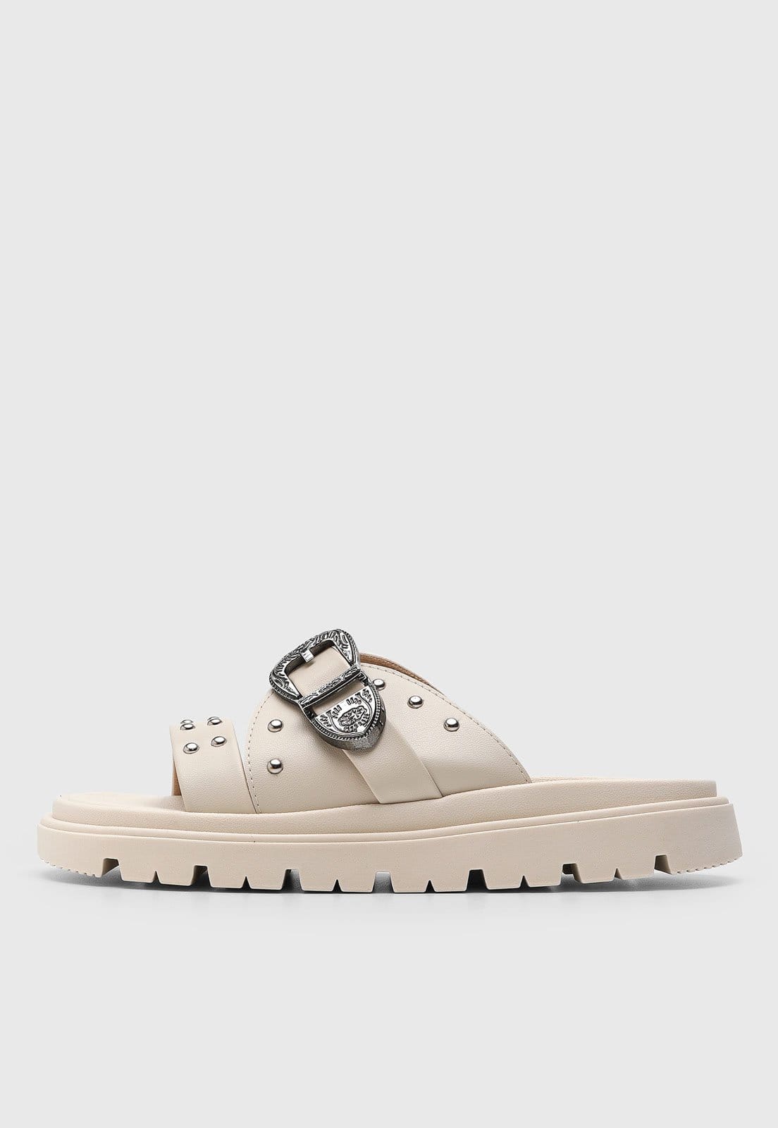 Rasteira Feminina Moleca Fivela e Tachas Off-White