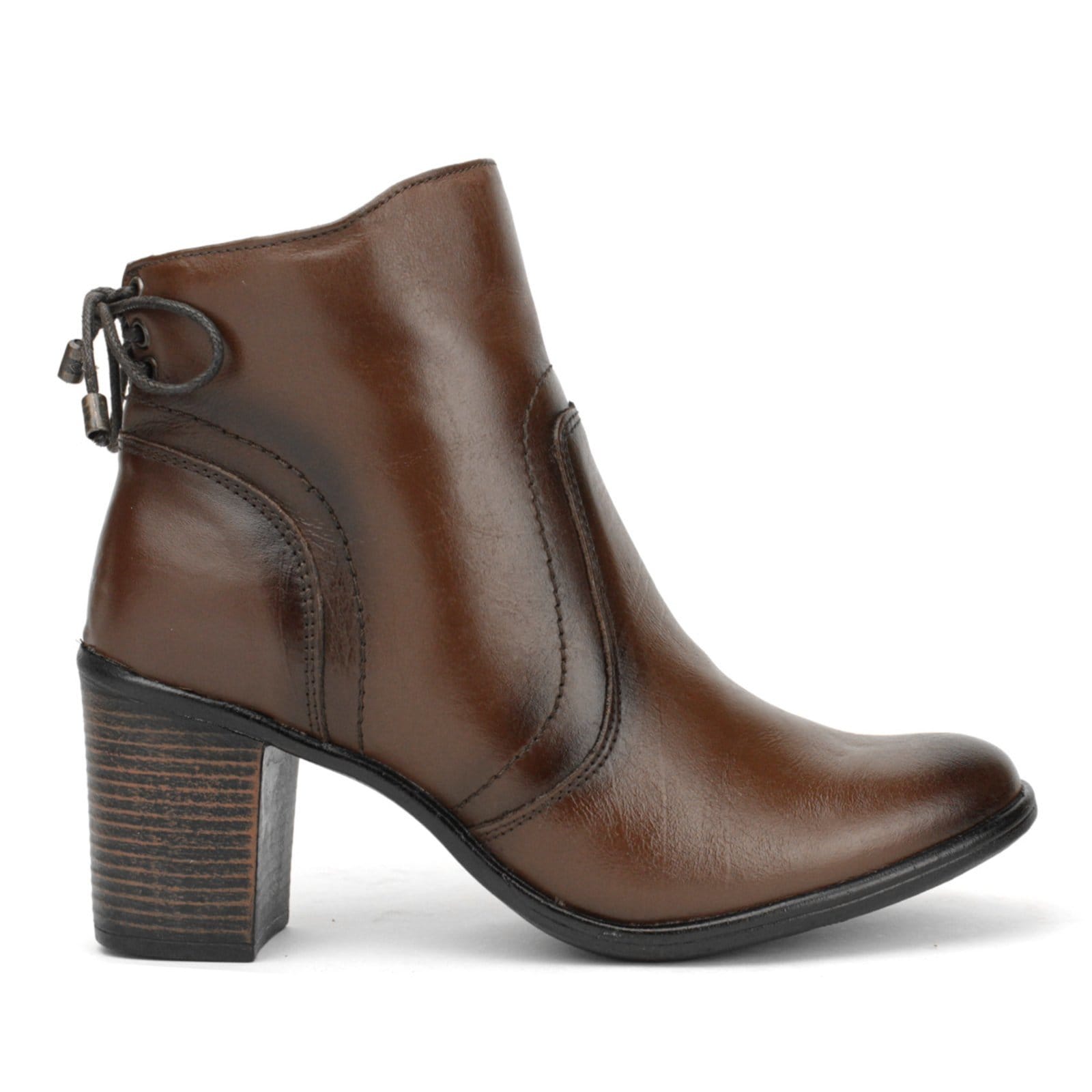 Bota Couro Feminina Cano Curto Salto Médio 7cm Bloco Fachete Amarração Casual Pinhão