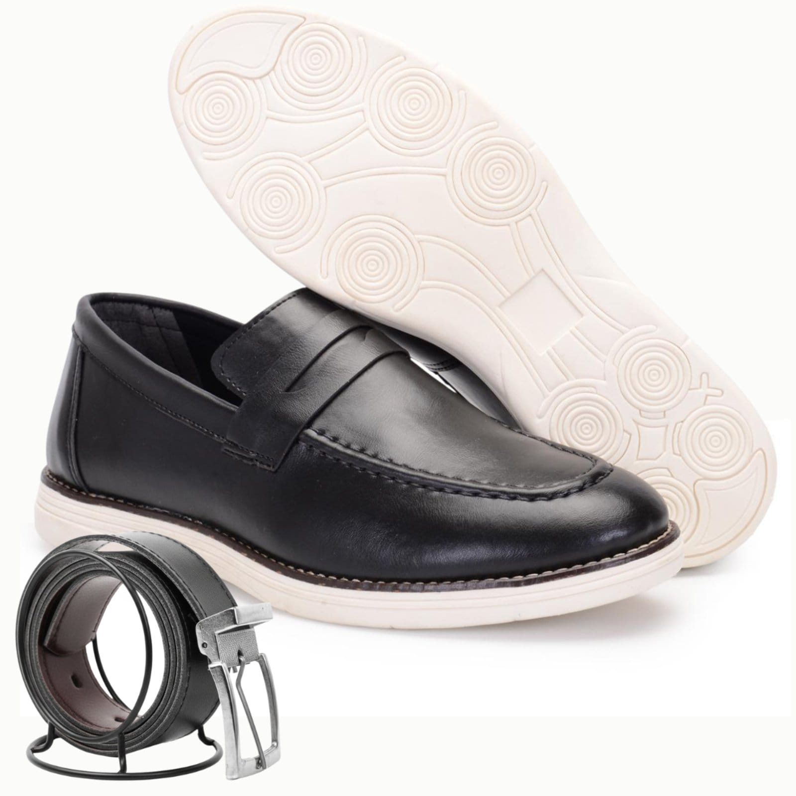 Mocassim Kit Masculino Sapatofran Couro Calce Fácil Com Cinto Dupla Face