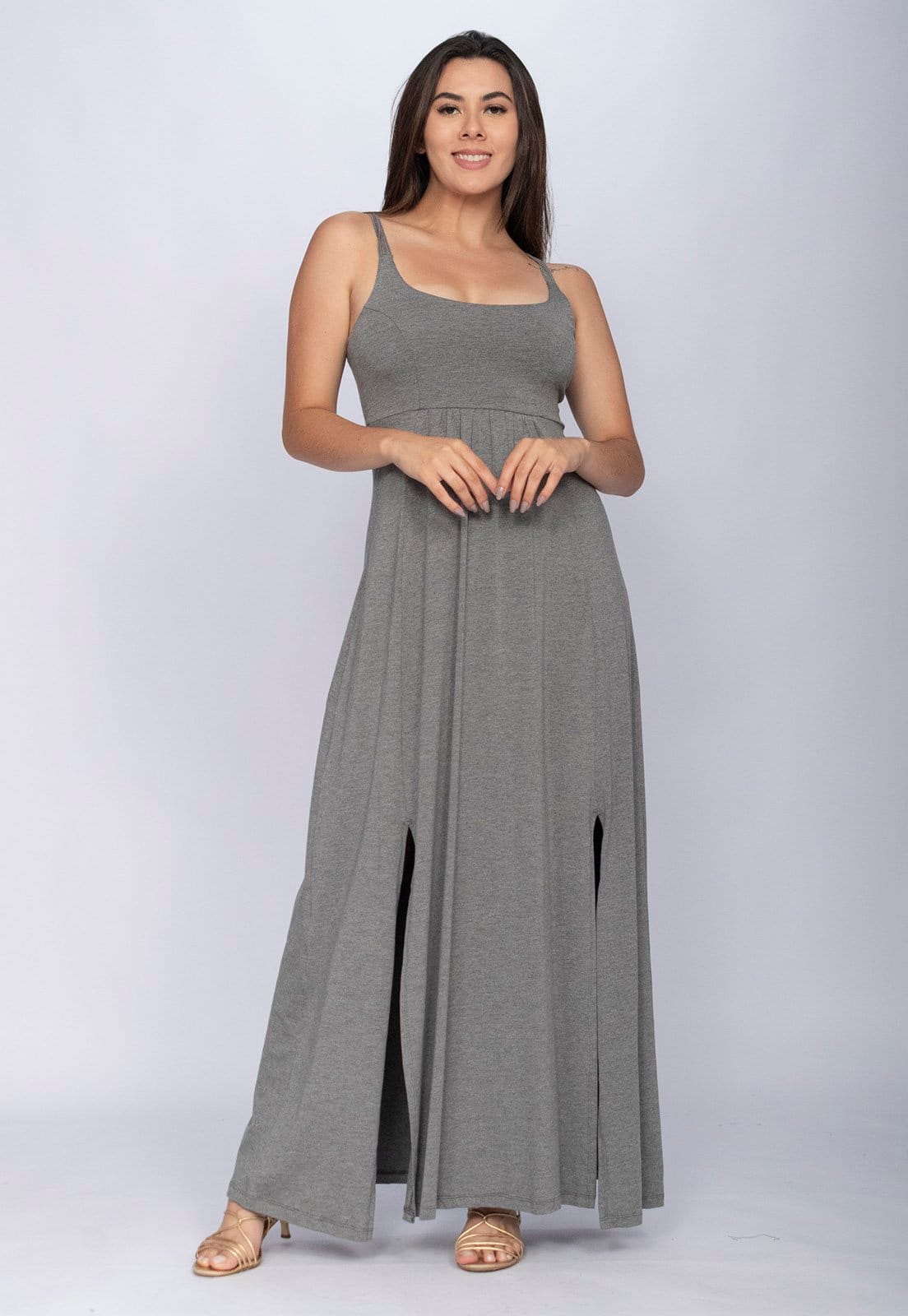 Vista principal Vestido CabanaFree Longo Jambo Malha Aberturas Mescla Cabanafree cinza