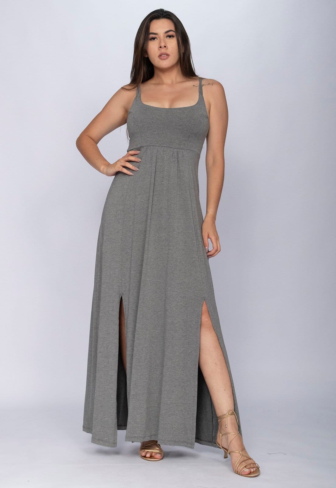 Vista 2 Vestido CabanaFree Longo Jambo Malha Aberturas Mescla Cabanafree cinza