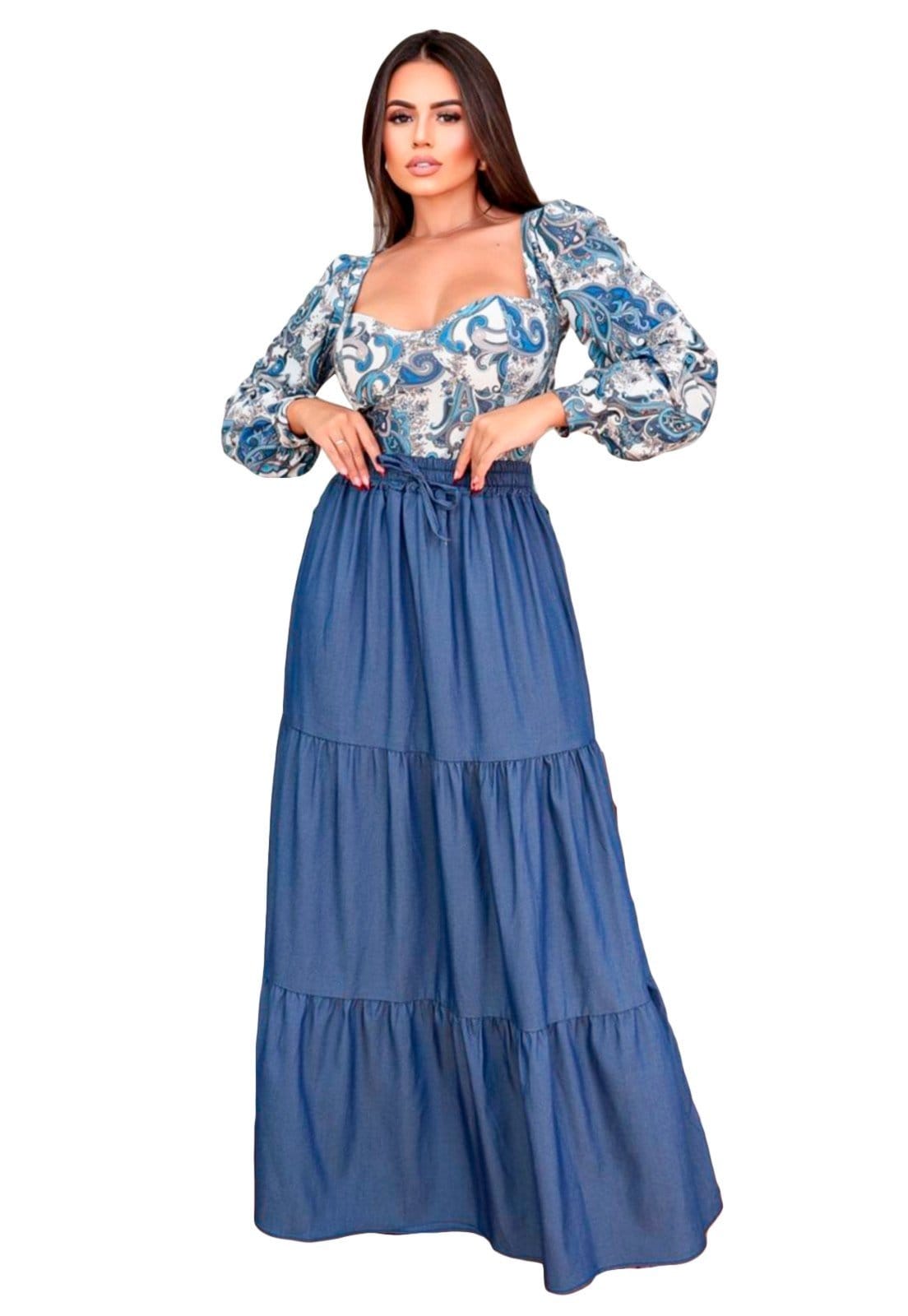 Vista principal Saia YWC ind Chambré Cós Alto Detalhe Babado 3 Marias YWC ind jeans