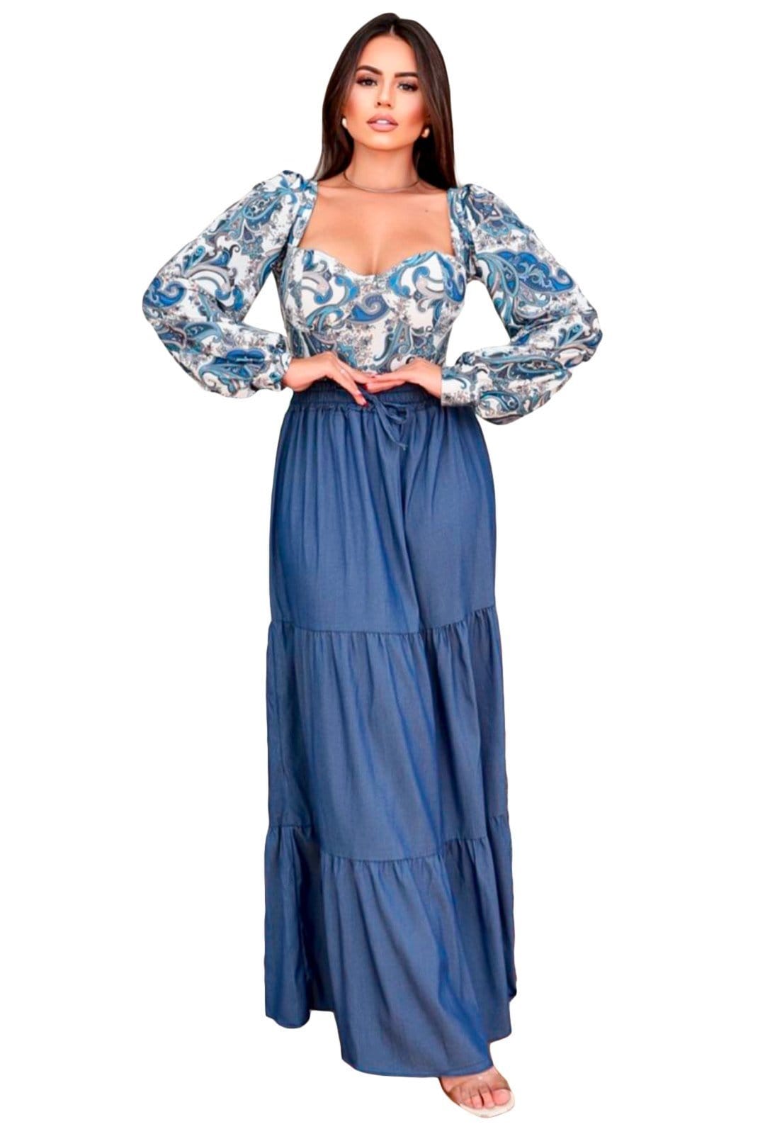 Vista 2 Saia YWC ind Chambré Cós Alto Detalhe Babado 3 Marias YWC ind jeans