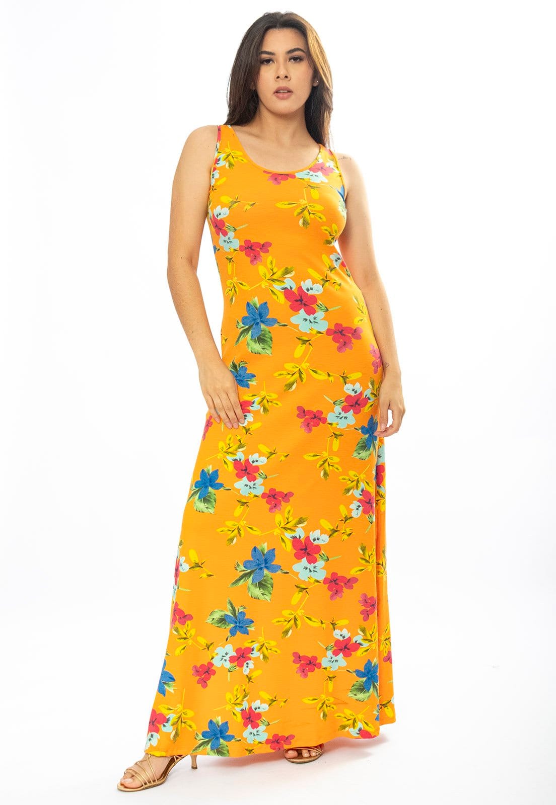 Vista 2 Vestido Longo Cabanafree Butiá Malha Regata Estampa Laranja Floral Cabanafree amarelo/azul/estampado/verde