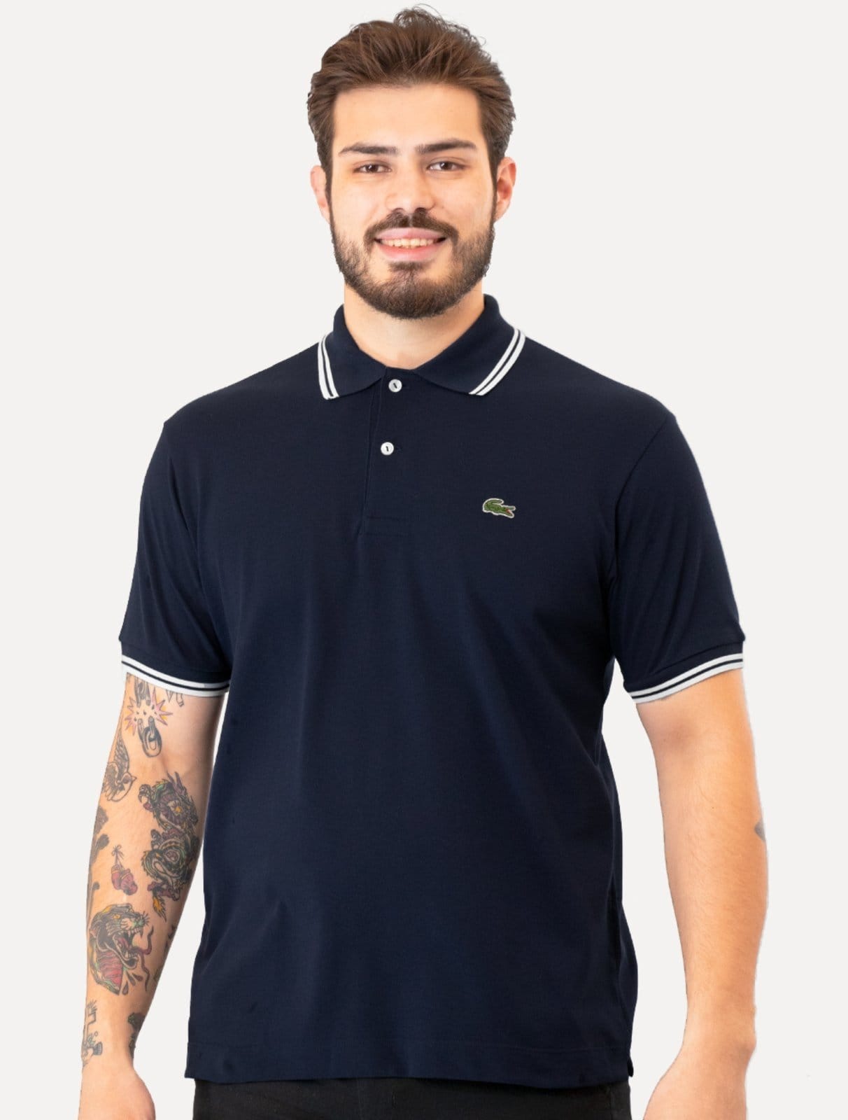 Vista principal Polo Lacoste Masculina Classic Fit Piquet White Stripes Azul Marinho Dixen azul marinho white