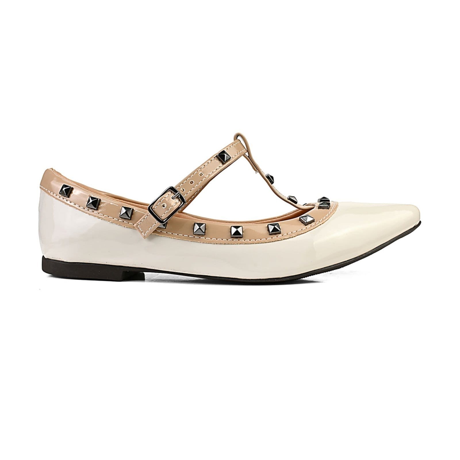 sapatilha feminina bico fino mary jane com verniz comspikes e fivela confort Off