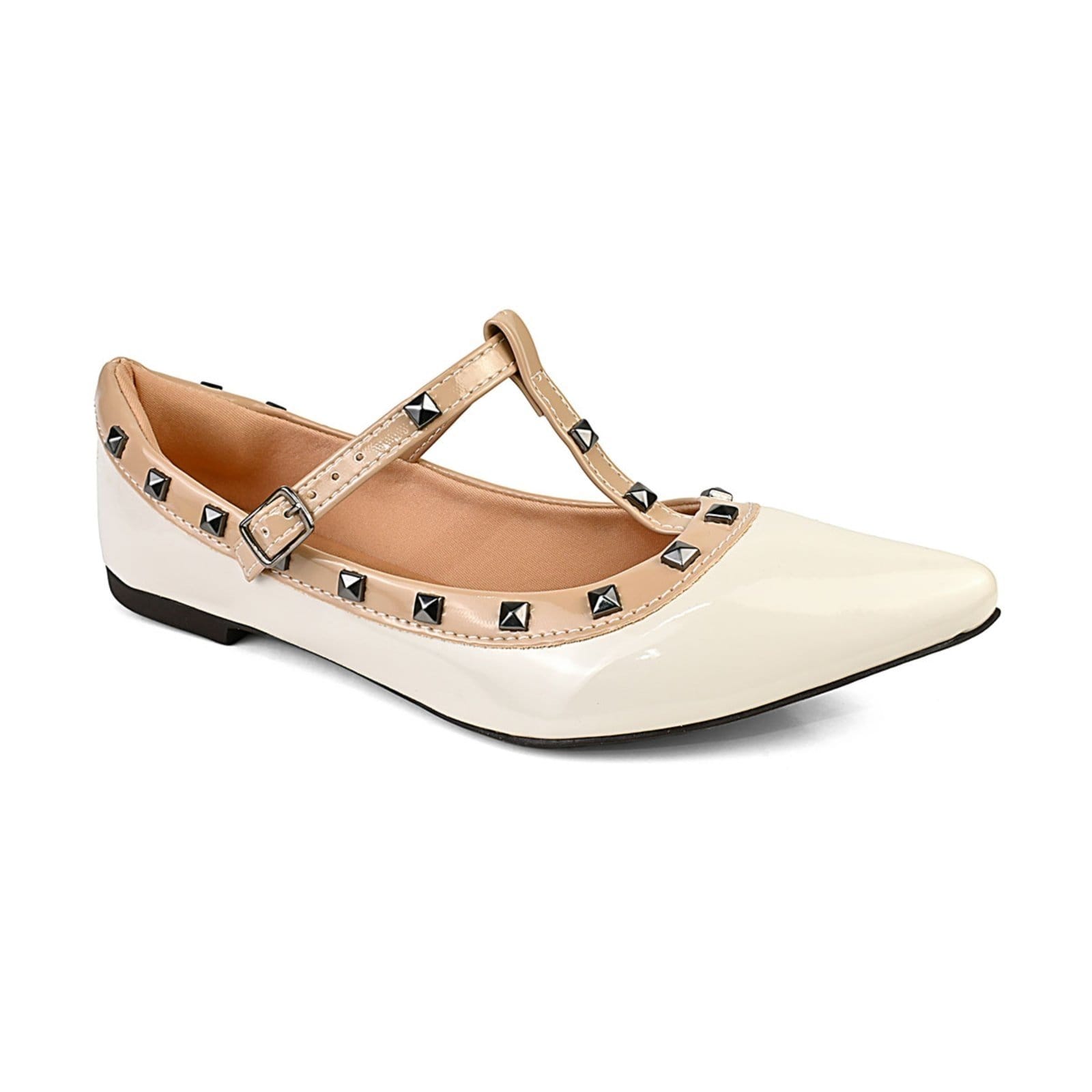 Vista 2 sapatilha feminina bico fino mary jane com verniz comspikes e fivela confort Off ZATURE STORES nude/off-white nude