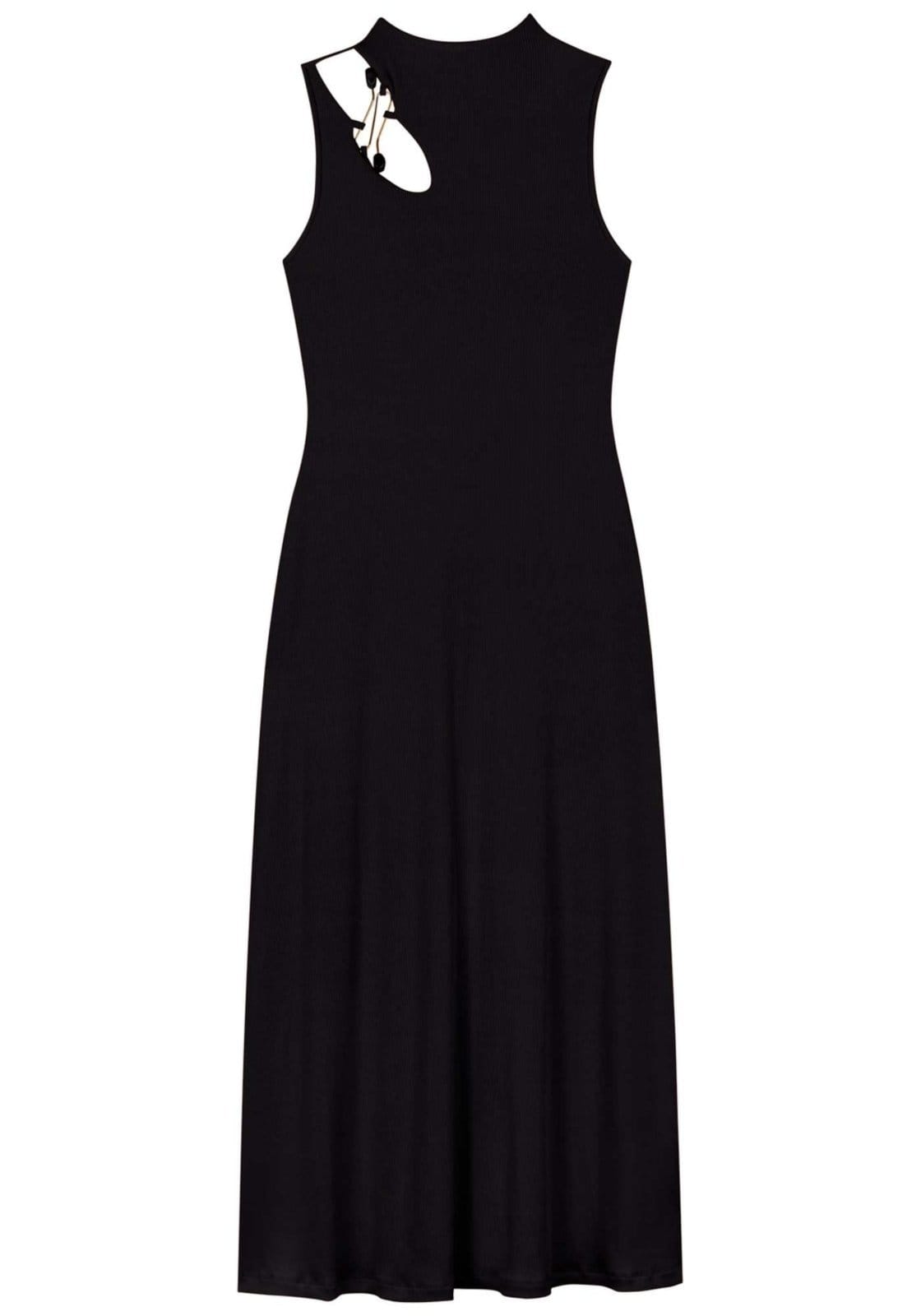 Vestido Chá Em Malha Canelada Com Recorte E Enfeite