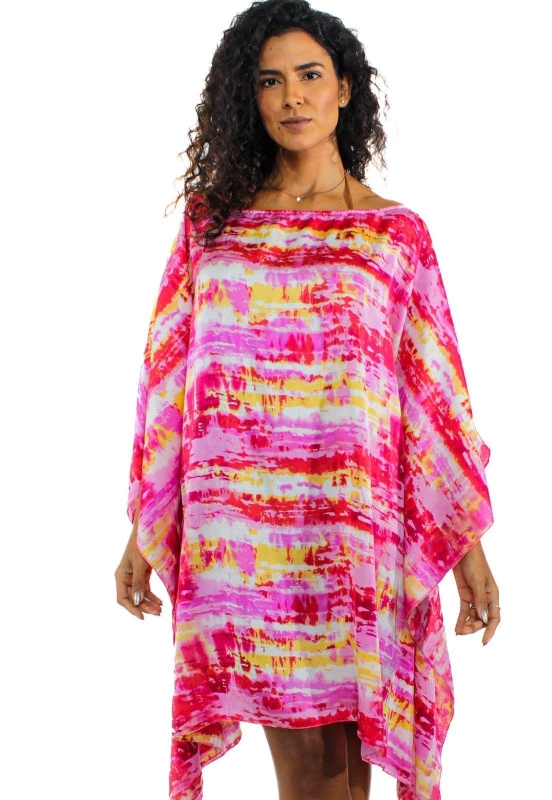 Vista principal Vestido Kaftan Saída Amplo Crepe Acetinado Estampado Manchado Rosa 101 Resort Wear vermelho rosa
