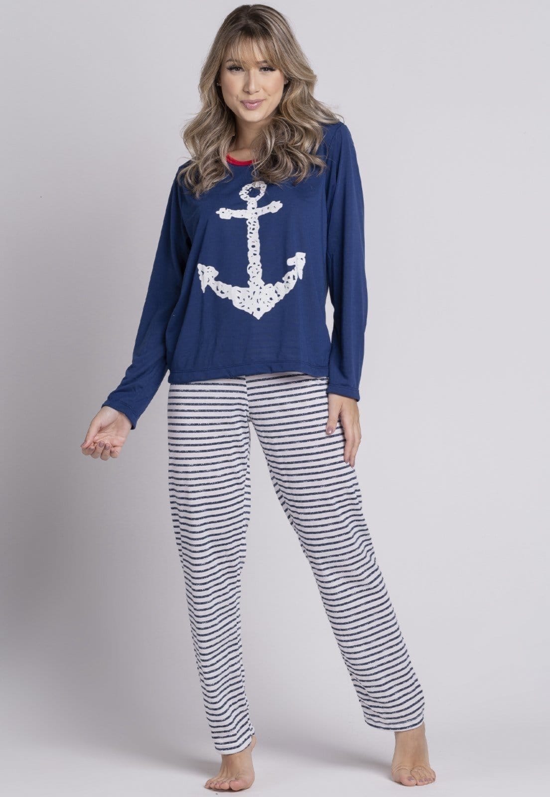 Vista principal Pijama Feminino WLS Modas Inverno Manga Longa Calça Âncora WLS Modas azul marinho
